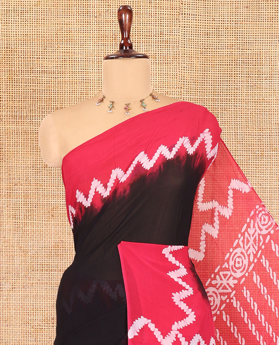 Black-Rani Pink Plain 60Gm Georgette Saree, Contrast Zig-Zag Batik Printed Border, Batik Printed Pallu, and a Matching Blouse