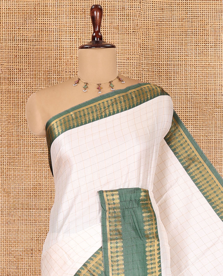 Cream-Green Checked Art Soft Silk Saree, Complemented by Contrast Traditional Retai Pettu Border, Striped Pallu, and a Contrast Blouse