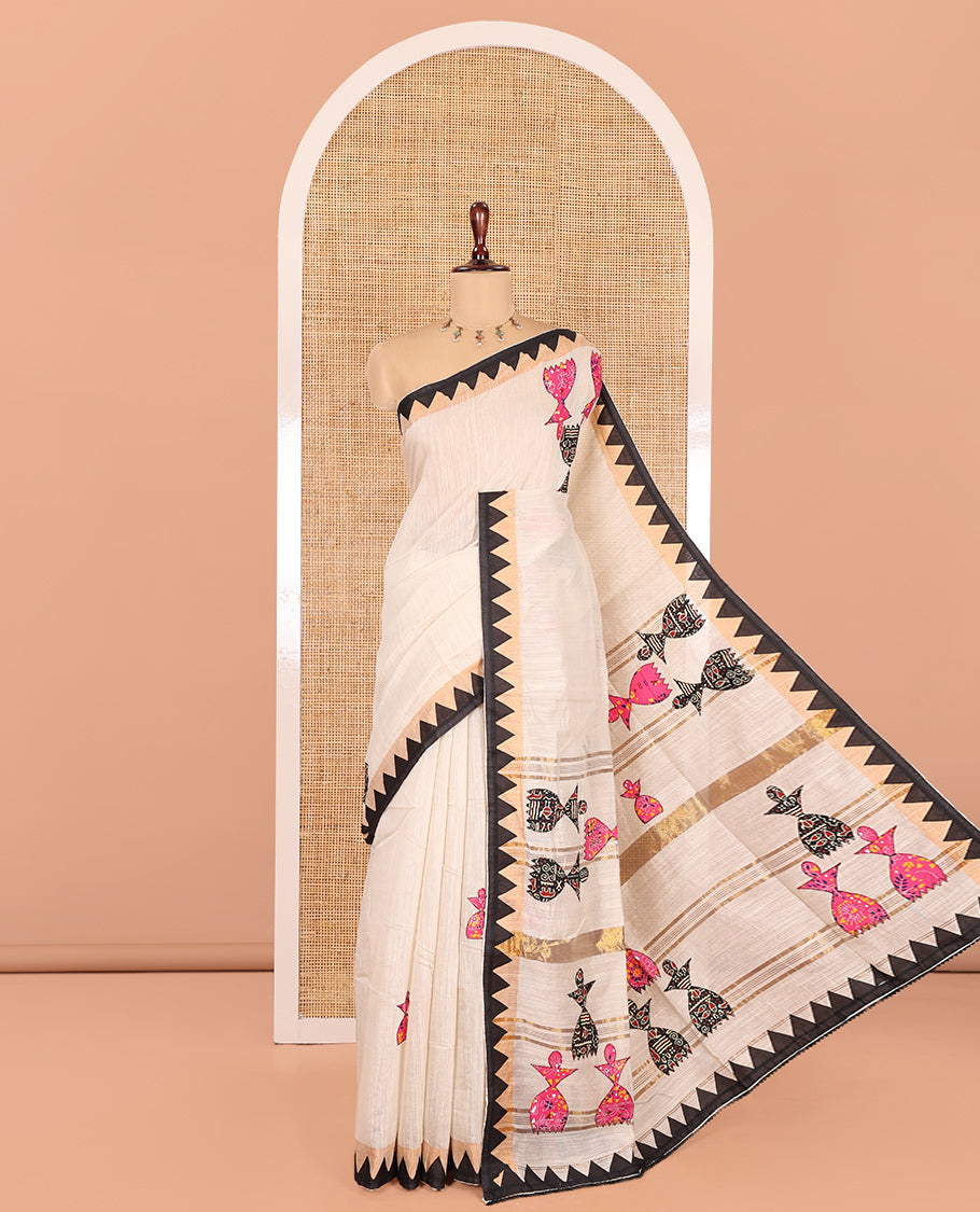 Chikku Linen Cotton Saree, Adorned with Figurine Patch Embroidery, Complemented by a Contrast Temple Border, and a Matching Blouse