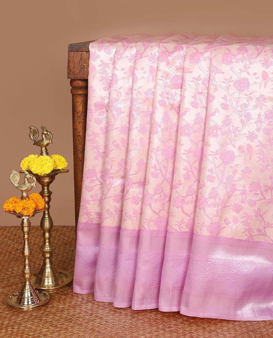 Baby pink with pink fancy zari weaving design litchi silk saree with contrast jacquard border & weaving rich pallu along with butta zari design blouse