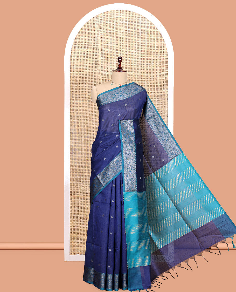 Navy Blue Semi-Raw Silk Saree Features Thread Buttas, Contrast Intricate Border, Striped Pallu, and a Contrast Blouse
