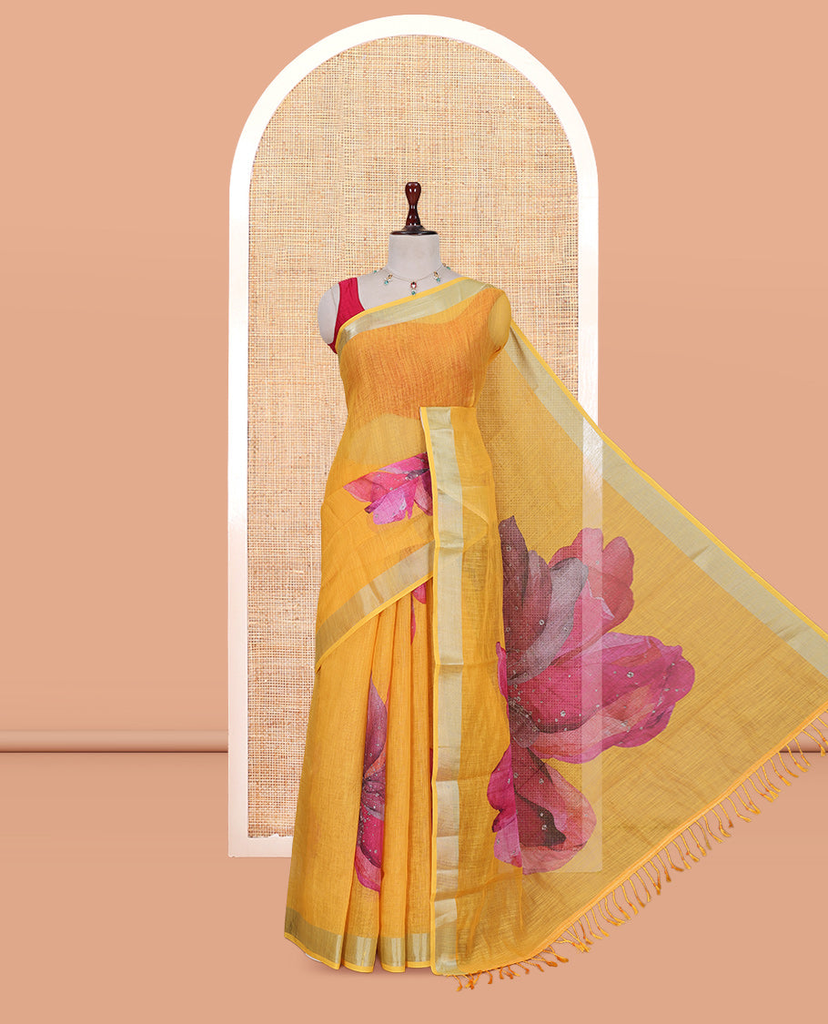 Yellow Linen Cotton Saree, Prettified with a Floral Print, a Subtle Zari Border, and a Matching Blouse