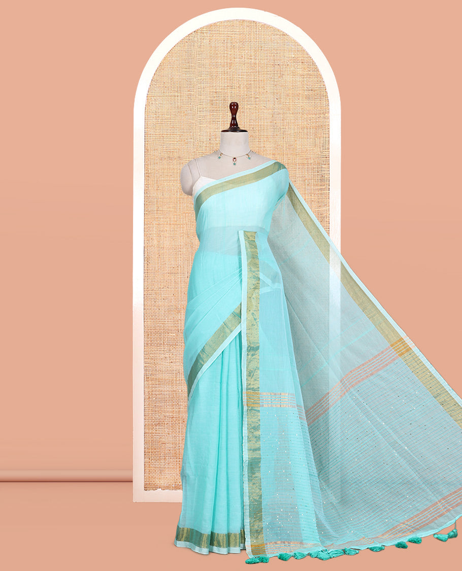 Sea Green Plain Khadi Mul Cotton Saree, a Gold Zari Border, Sequins Striped Pallu, and a Matching Blouse