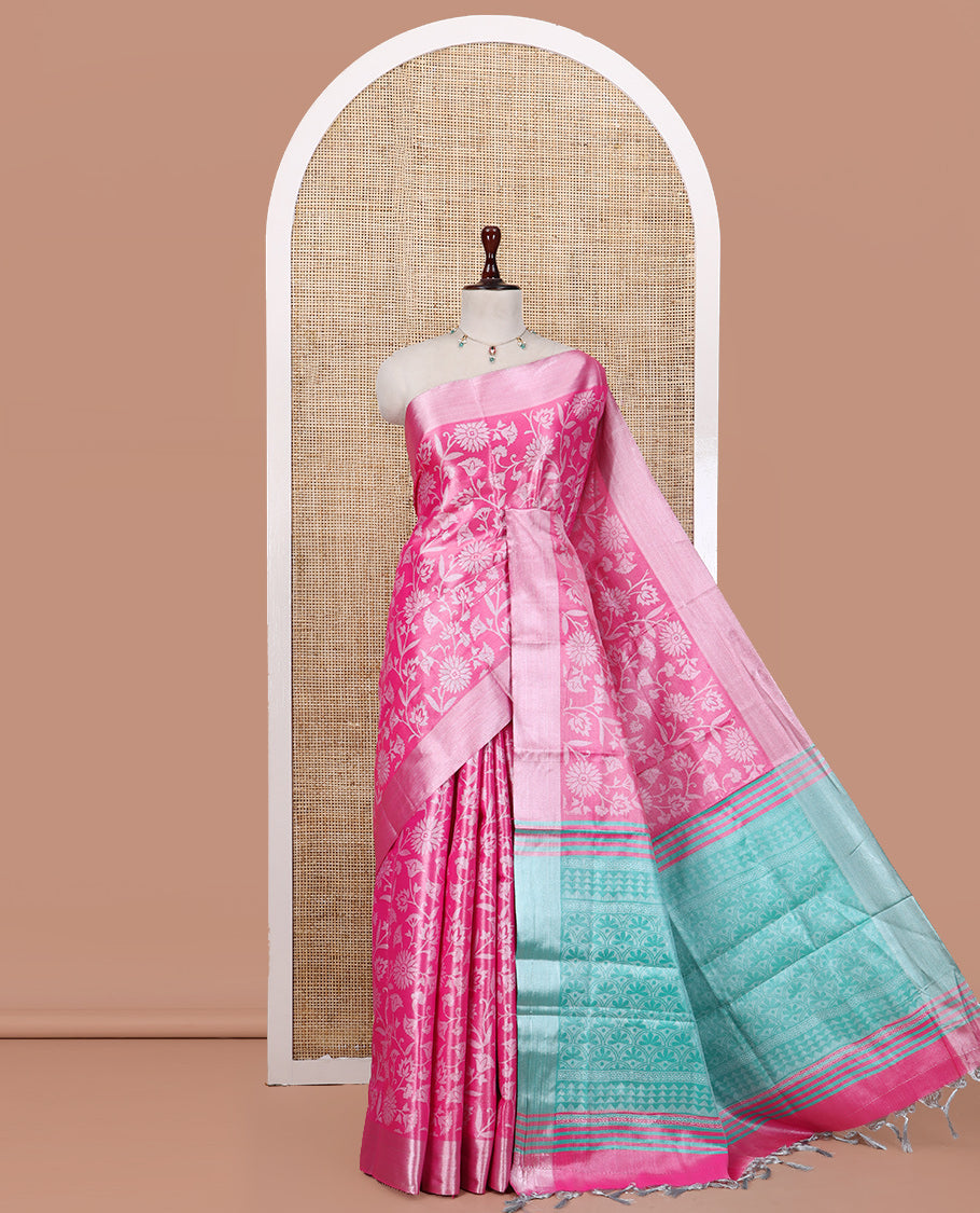 Pink Tissue Cotton Saree Features Floral Vine Design, a Zari Border, Contrast Intricate Pallu, and a Contrast Blouse