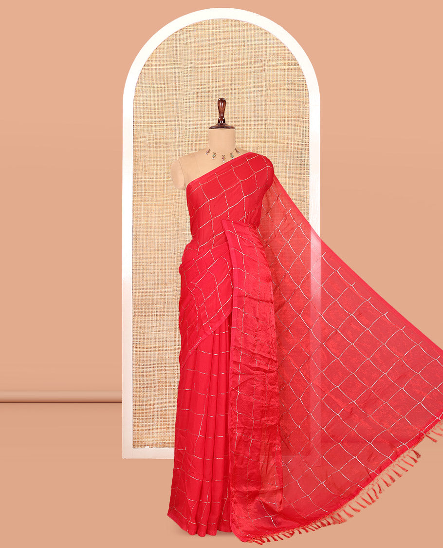 Borderless Red Fendi Chiffon Saree, Elevated with Checks, a Self-Pallu, and No Blouse