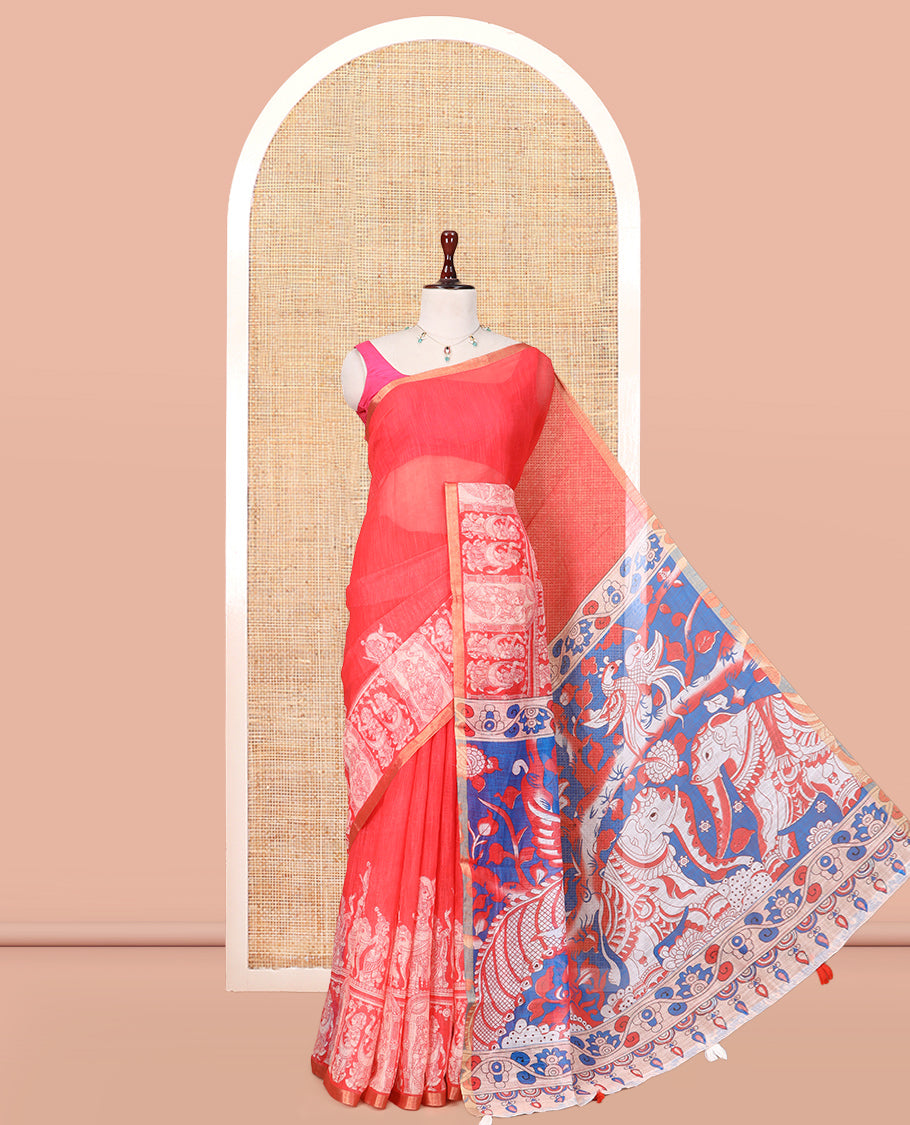 Tomato Pink Linen Cotton Saree Features Kalamkari-Style Human Motifs Print, a Piping Border, Contrast Printed Pallu, and Contrast Blouse