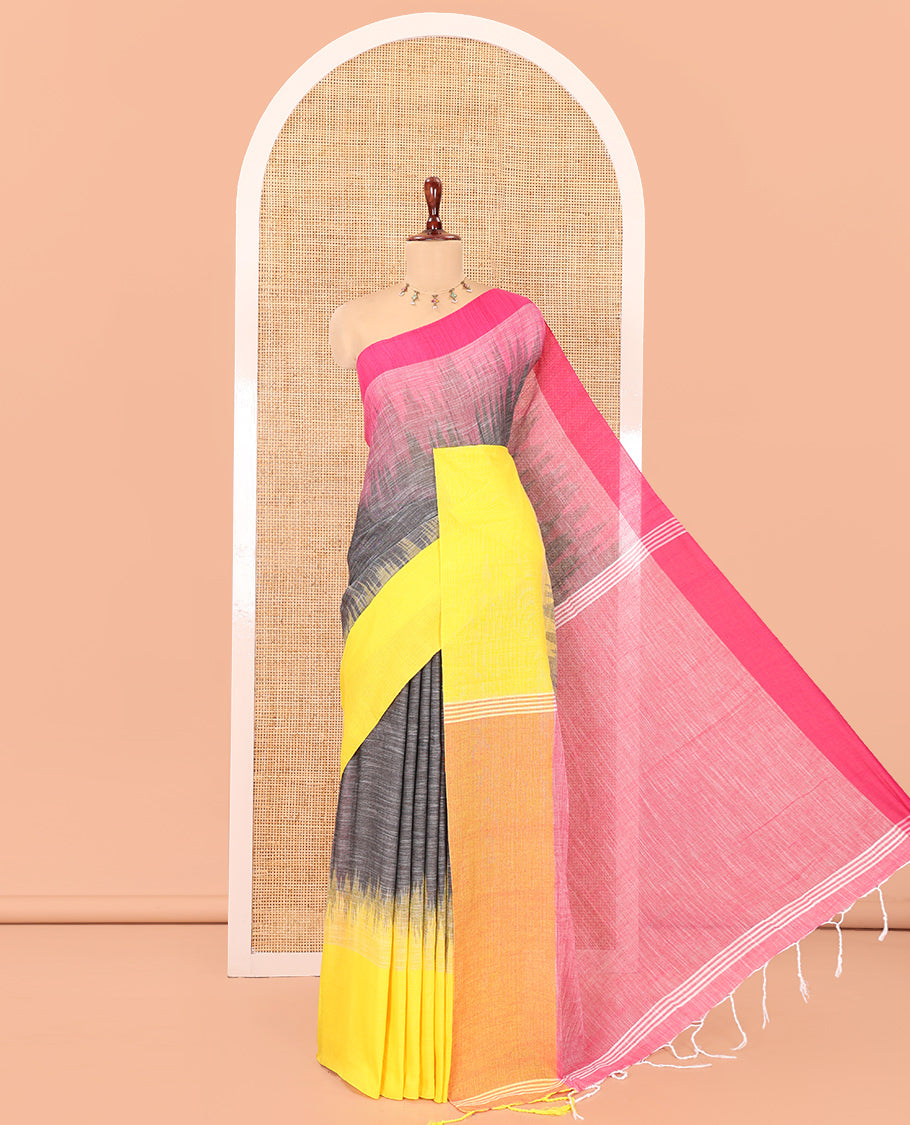 Grey Ikkat Weave Khadi Linen Saree, Complemented by a Contrast Ganga-Jamuna Border, and a Contrast Blouse