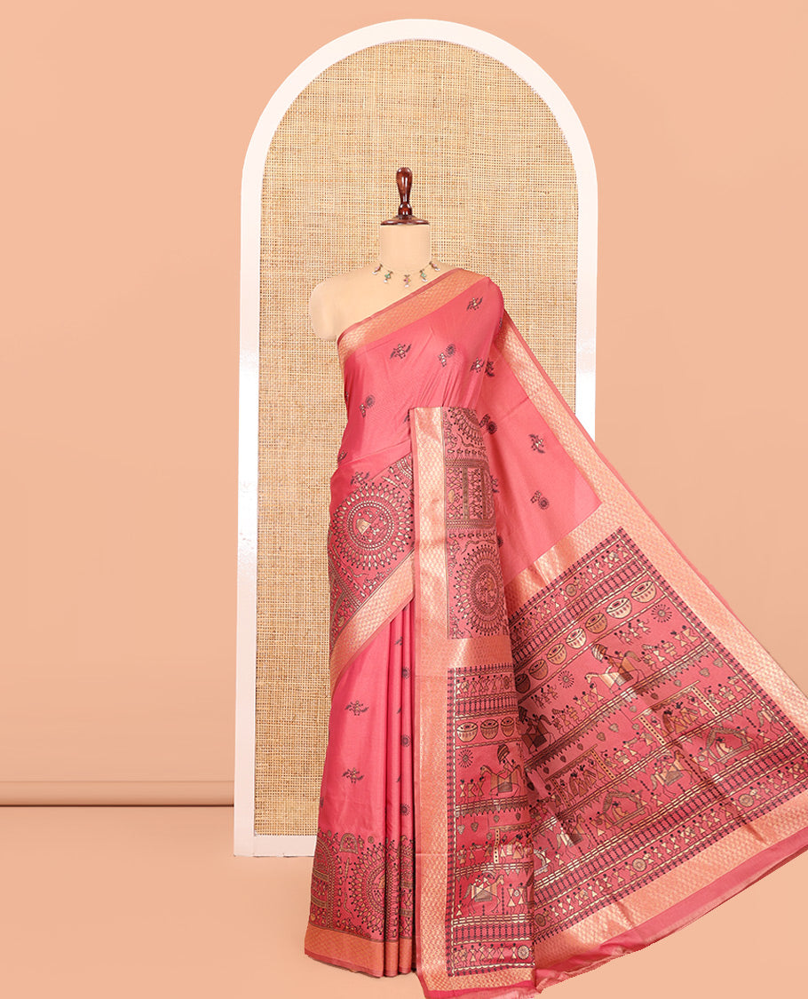 Onion Pink Satin Silk Saree, Adorned with Warli Motif Print, Highlighted by Warli Printed Zari Border, Warli-Village Palllu, and a Matching Blouse