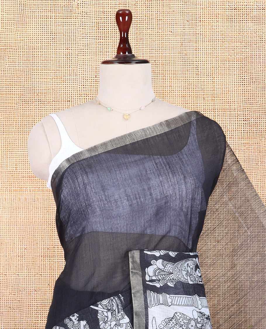 Black Linen Cotton Saree Features Kalamkari Human Figurines, a Piping Border, Kalamkari Pallu, Contrast Blouse