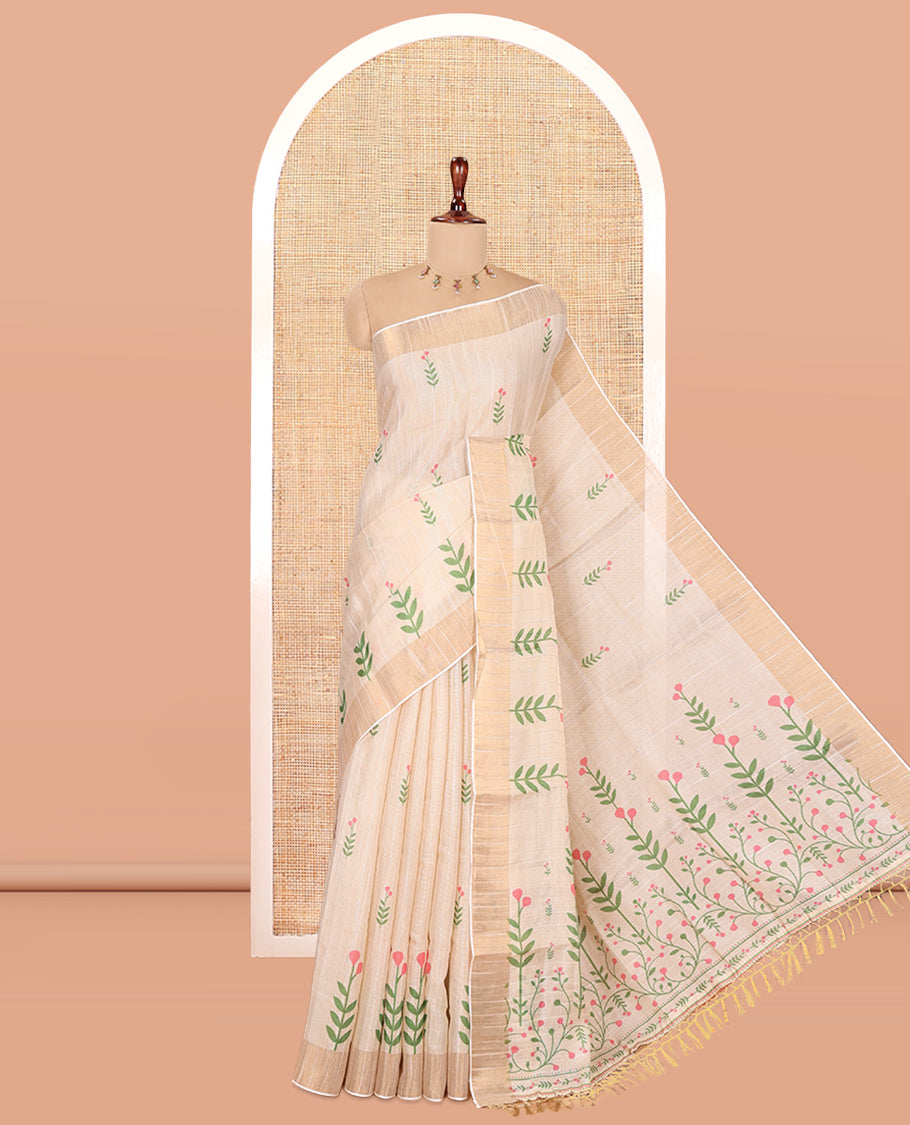 Cream-Pink Tissue Linen Cotton Saree Features Floral Buttas, a Zari Border, Floral Pallu, Matching Blouse