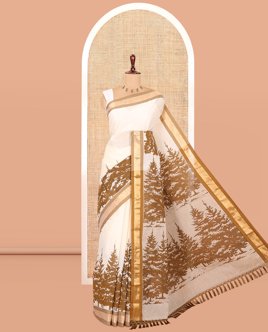 Cream-Brown Kerala Cotton Saree Features Tree Print, Contrast Border, and a Contrast Blouse