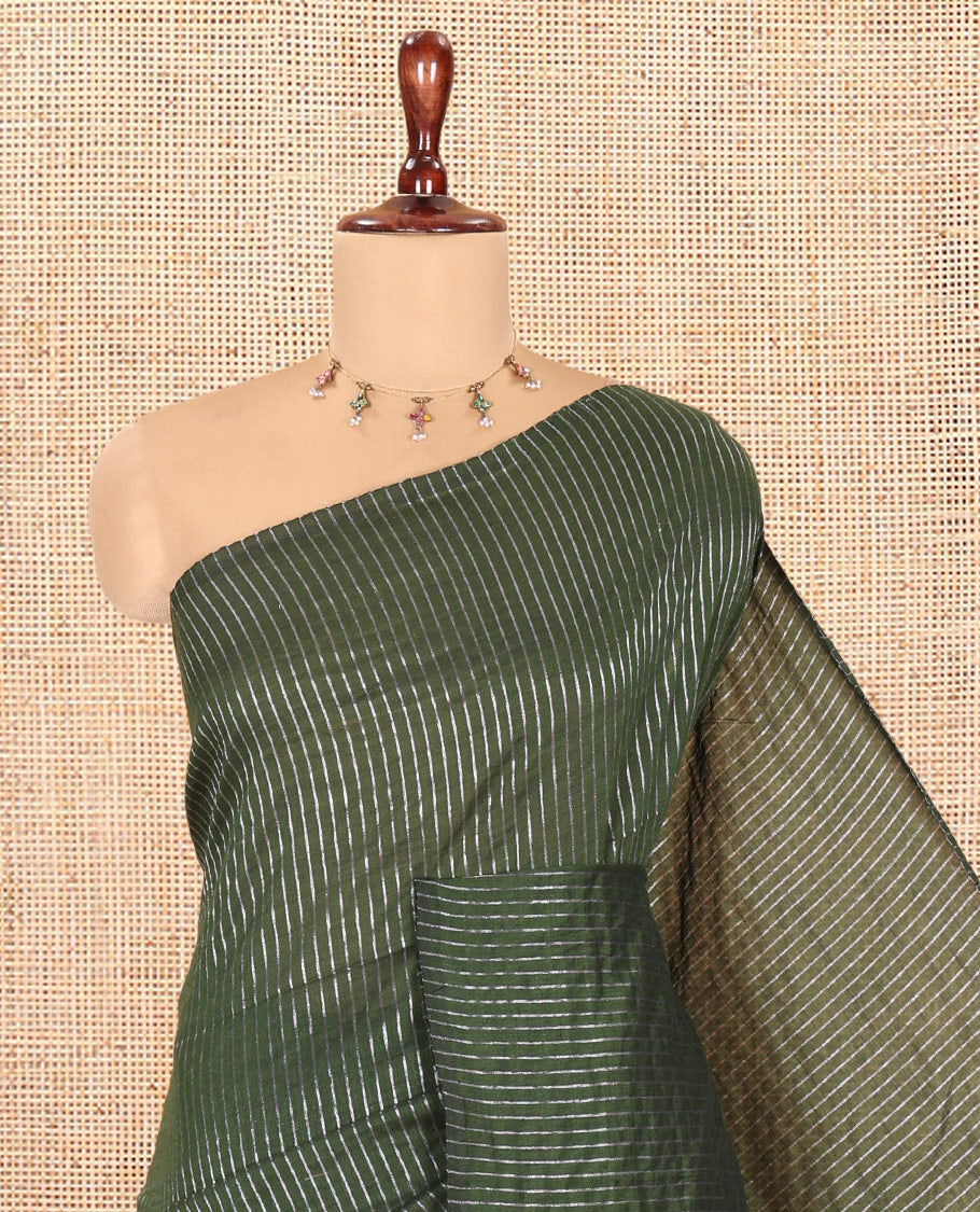 Borderless Bottle Green Zari Striped Khadi Cotton Saree, Contrast Pallu, and No Blouse