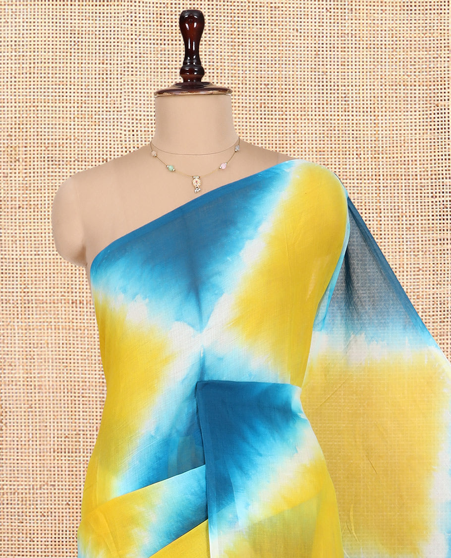 Borderless Blue-Yellow Diamond Shibori Printed Khadi Mul Cotton Saree, and No Blouse