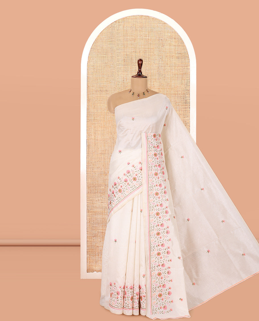 Cream Semi-Tussar Saree Features Floral Thread Embroidery, Floral Embroidered Border, Matching Blouse