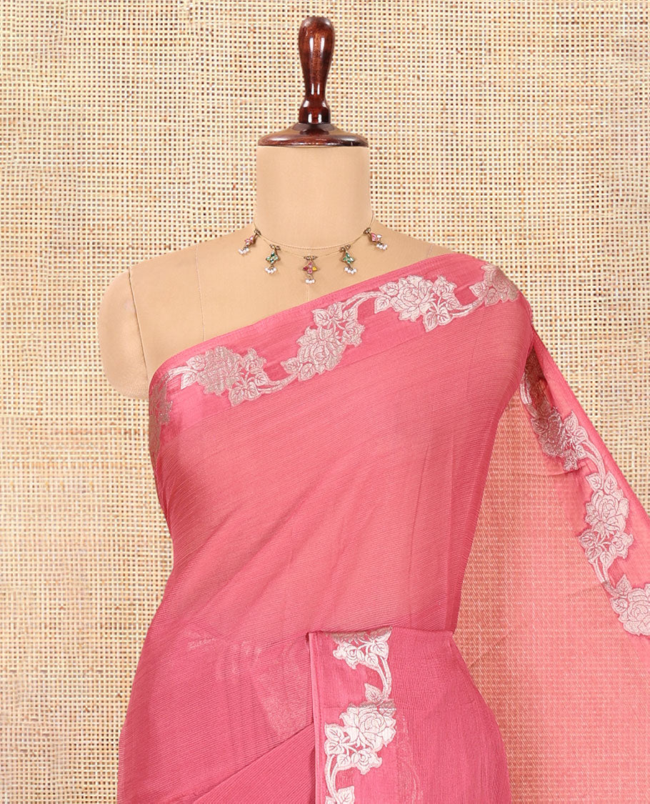 Onion Pink Wrinkle Chiffon Saree, Highlighted by Floral Creeper Border, and No Blouse