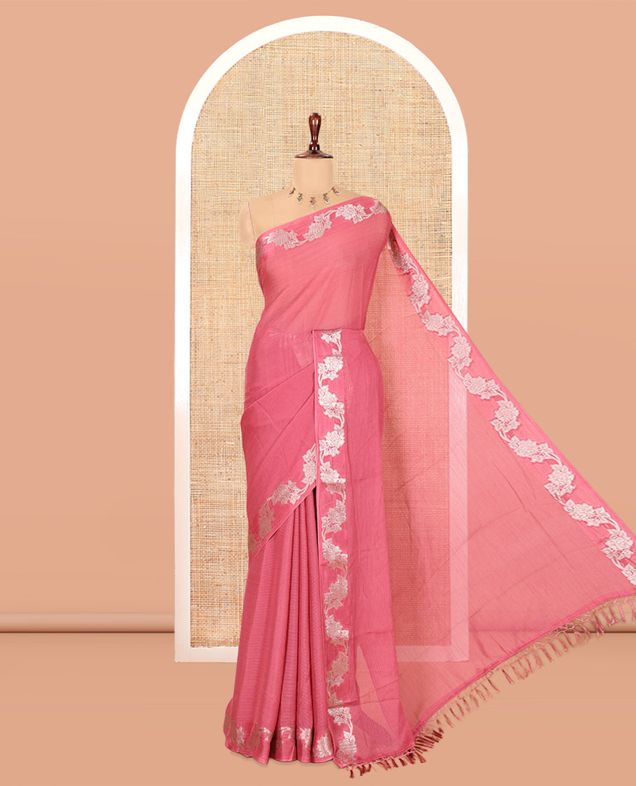 Onion Pink Wrinkle Chiffon Saree, Highlighted by Floral Creeper Border, and No Blouse