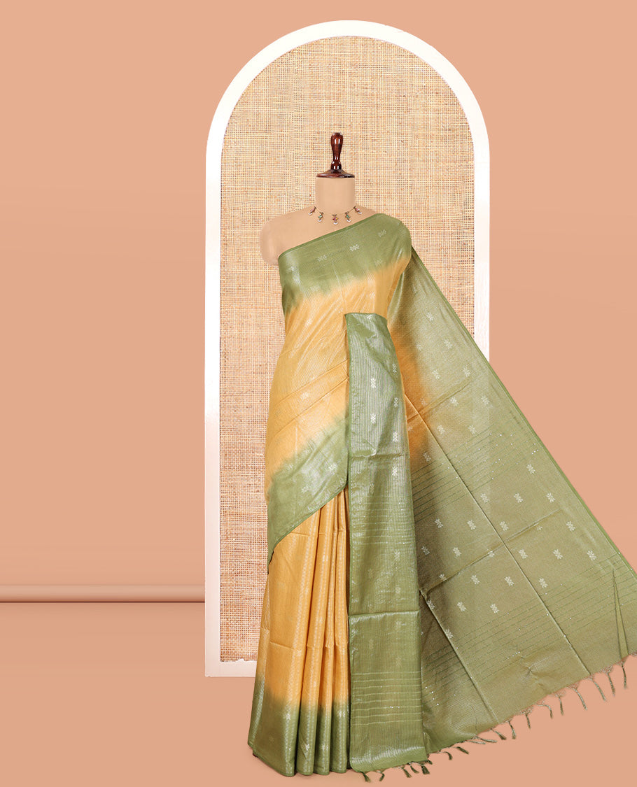 Mustard Buttas Bhagalpur Cotton Saree, Contrast Buttas Border, and a Contrast Blouse