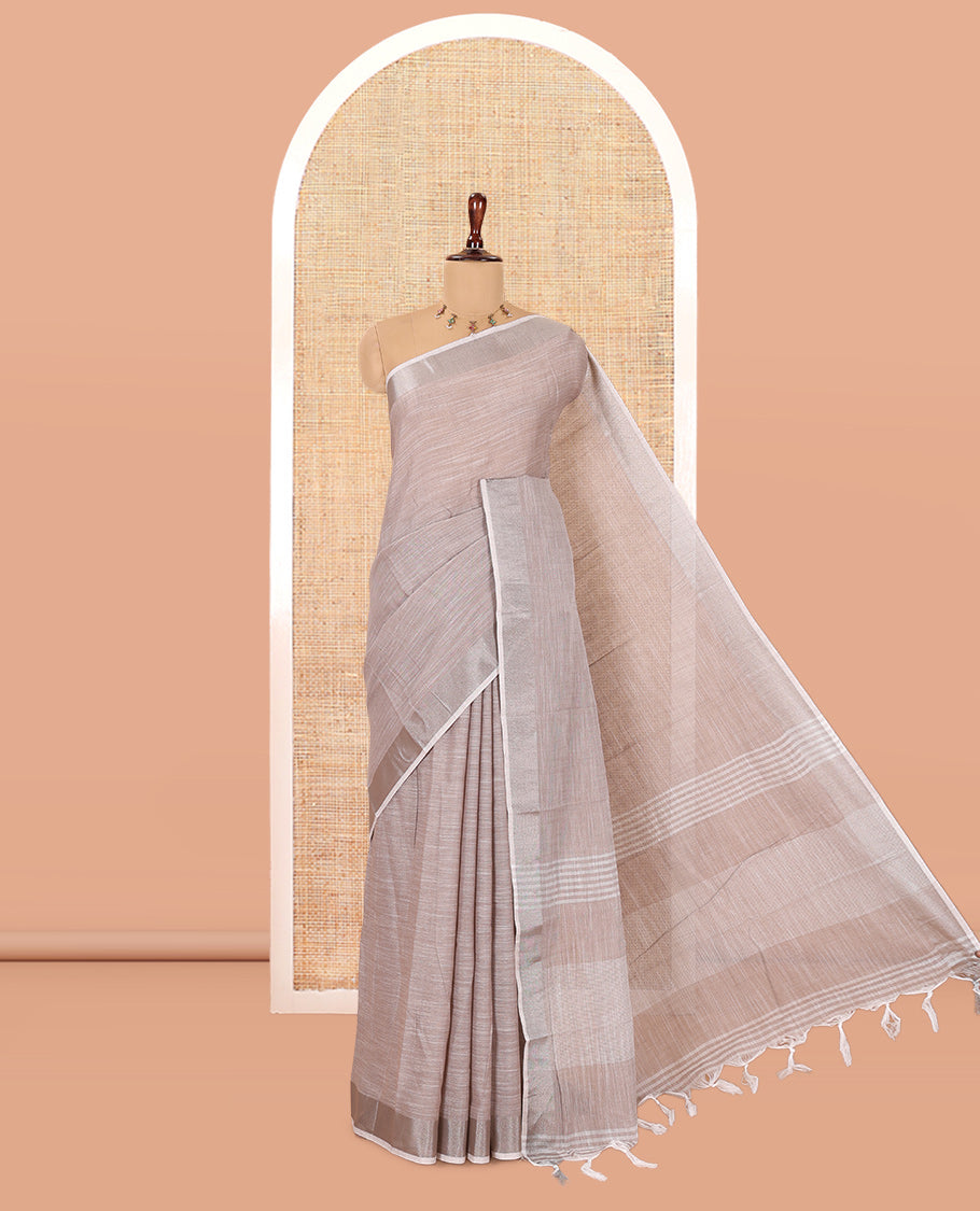 Brown Plain Linen-Cotton Saree, a Zari Border, Striped Pallu, and a Matching Blouse