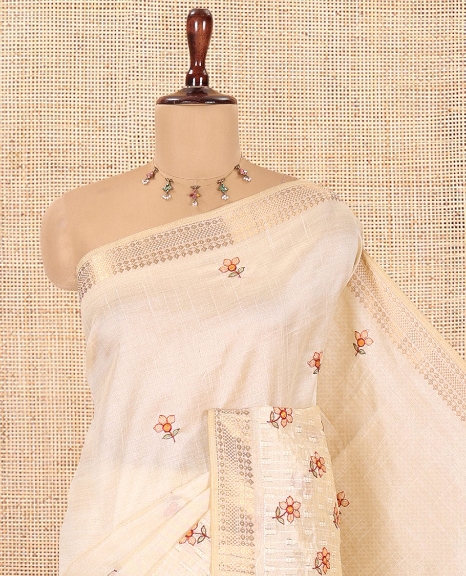 Cream Semi-Tussar Saree, Adorned with Floral Embroidery, a Self-Border, Embroidery Pallu, and a Matching Blouse
