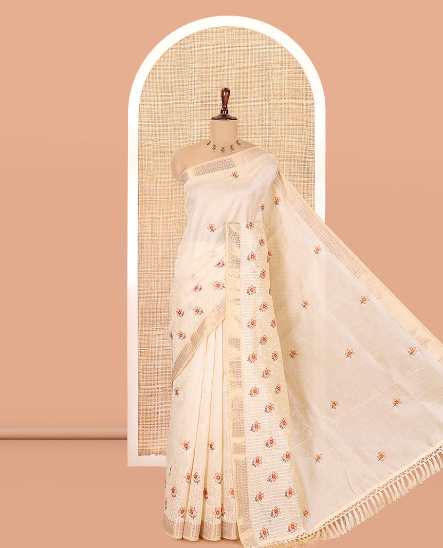 Cream Semi-Tussar Saree, Adorned with Floral Embroidery, a Self-Border, Embroidery Pallu, and a Matching Blouse