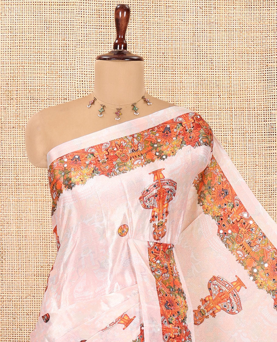 Peach Masakali Saree, Artfully Detailed with Kerala-Themed Print and Mirror Work, a Matching Blouse