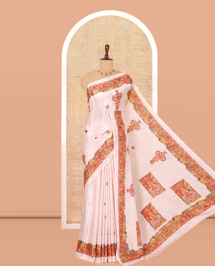 Peach Masakali Saree, Artfully Detailed with Kerala-Themed Print and Mirror Work, a Matching Blouse