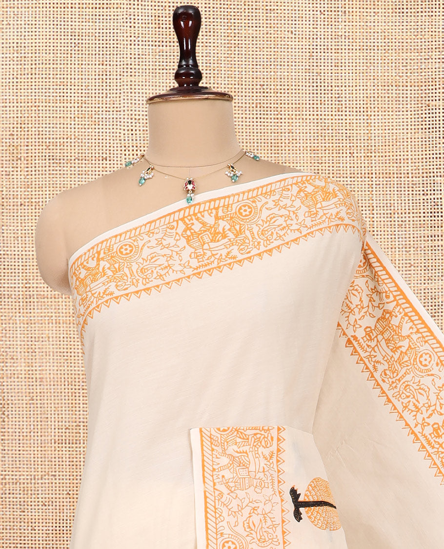 Cream Tree Printed South Cotton Saree, Comes with a Block-Printed Border, a Matching and a Contrast Block-Printed Blouse