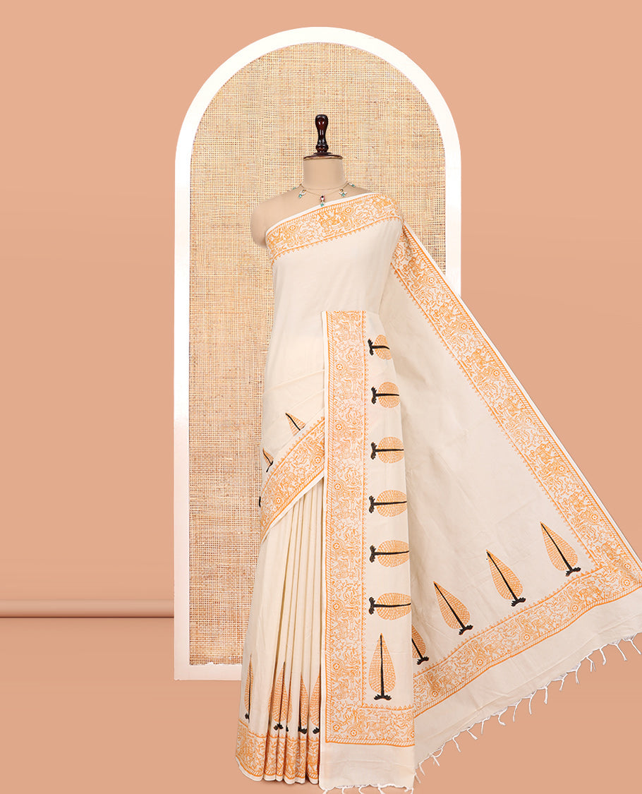Cream Tree Printed South Cotton Saree, Comes with a Block-Printed Border, a Matching and a Contrast Block-Printed Blouse