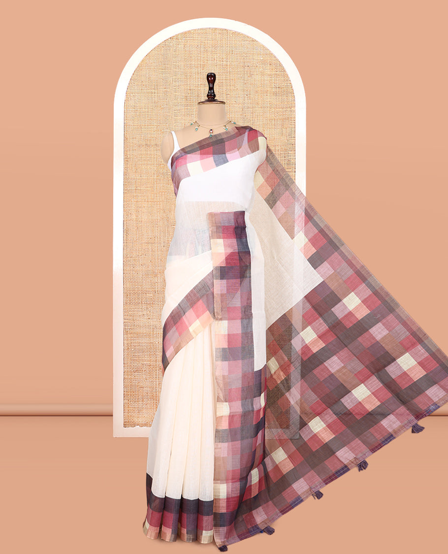 Cream-Brown Plain Handloom Cotton Saree, a Contrast Checked Border, Checked Pallu, and a Contrast Blouse