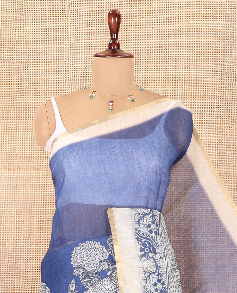Blue Linen Cotton Saree, Adorned with Kalamkari Floral-Bird Print, Contrast Border, Kalamkari Peacock Pallu, a Contrast Blouse