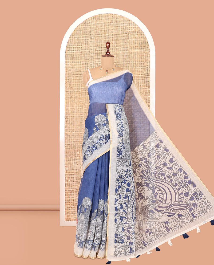 Blue Linen Cotton Saree, Adorned with Kalamkari Floral-Bird Print, Contrast Border, Kalamkari Peacock Pallu, a Contrast Blouse