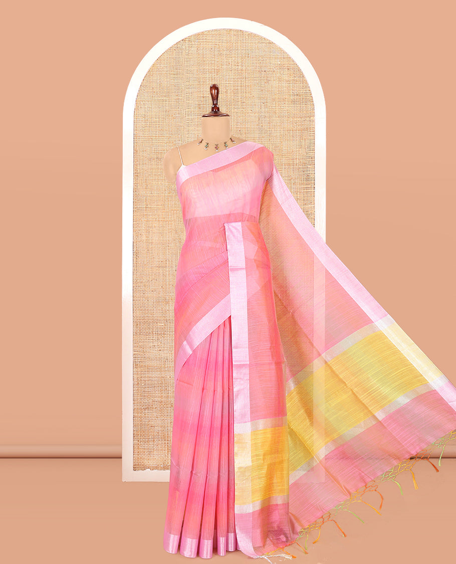 Pink Chanderi Cotton Saree, Adorned with Rainbow-Style Design, a Zari Border, Contrast Pallu, and a Contrast Blouse