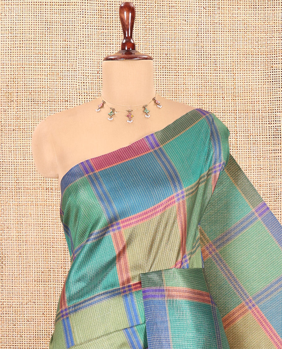 Borderless Green Macro-Checked Katan Silk Saree, a Subtly Striped Pallu, and a Contrast Blouse