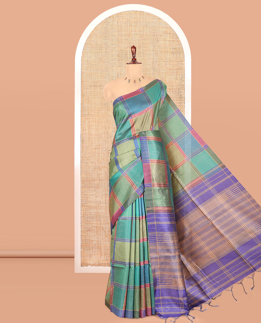Borderless Green Macro-Checked Katan Silk Saree, a Subtly Striped Pallu, and a Contrast Blouse
