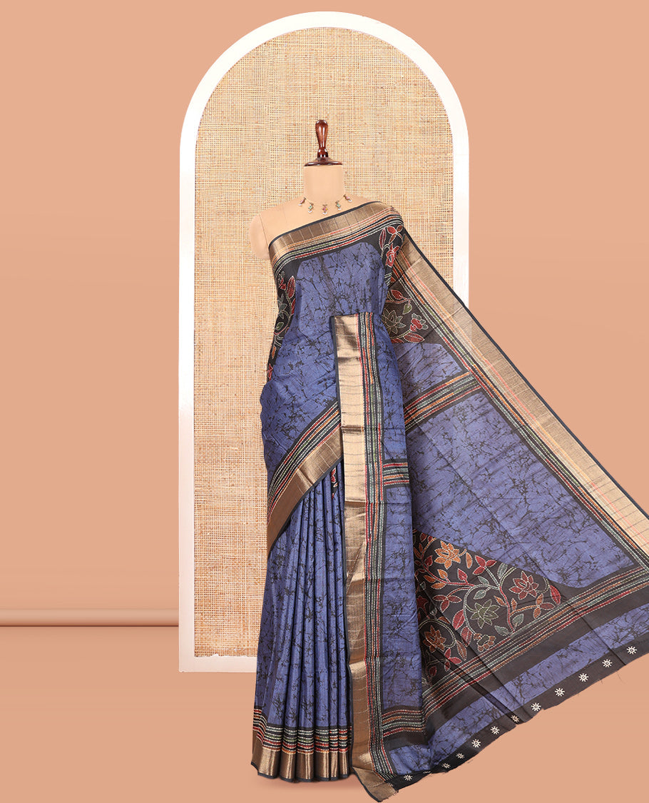 Blue Katan Silk Saree, Detailed with Batik Print, a Contrast Kantha Work Border, Pallu of Floral Print and Kantha Work, and a Contrast Blouse