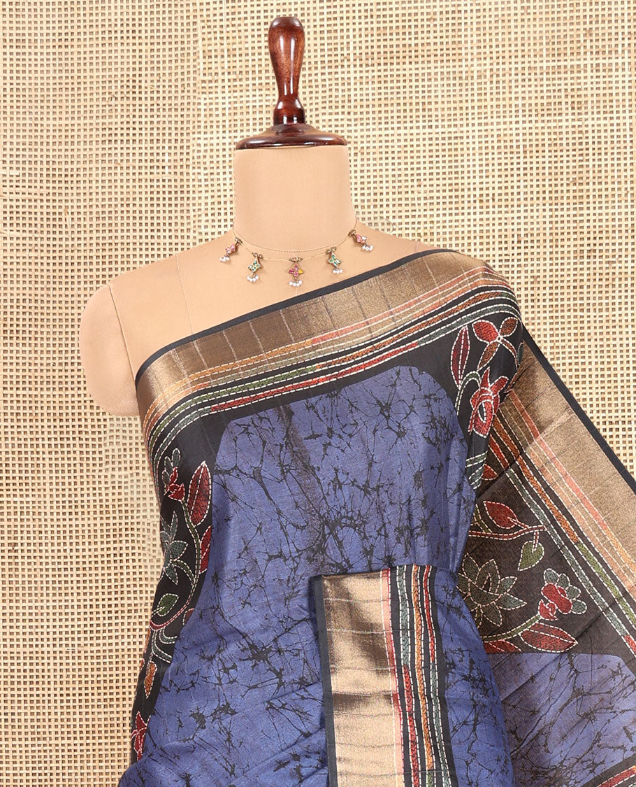 Blue Katan Silk Saree, Detailed with Batik Print, a Contrast Kantha Work Border, Pallu of Floral Print and Kantha Work, and a Contrast Blouse