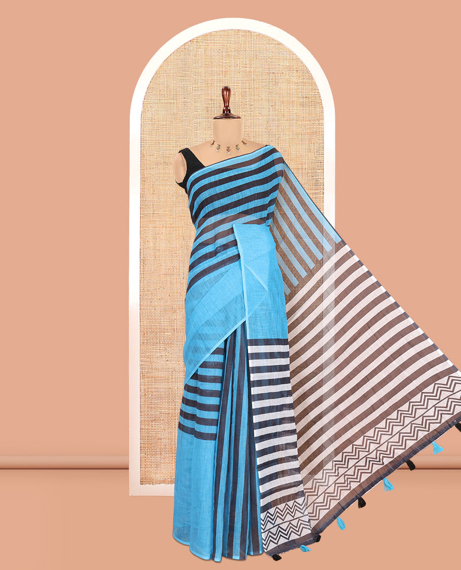 Borderless Blue Linen Cotton Saree, Ornamented with Stripes, a Self-Pallu of Stripes, and a Contrast Blouse