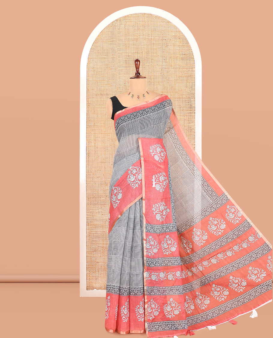 Black-Tomato Pink Linen Cotton Saree