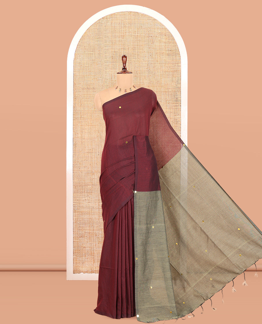 Borderless Maroon Khadi Cotton Saree, Gleamed up with Sequins Work, Complemented by a Contrast Sequins Work Pallu, and No Blouse