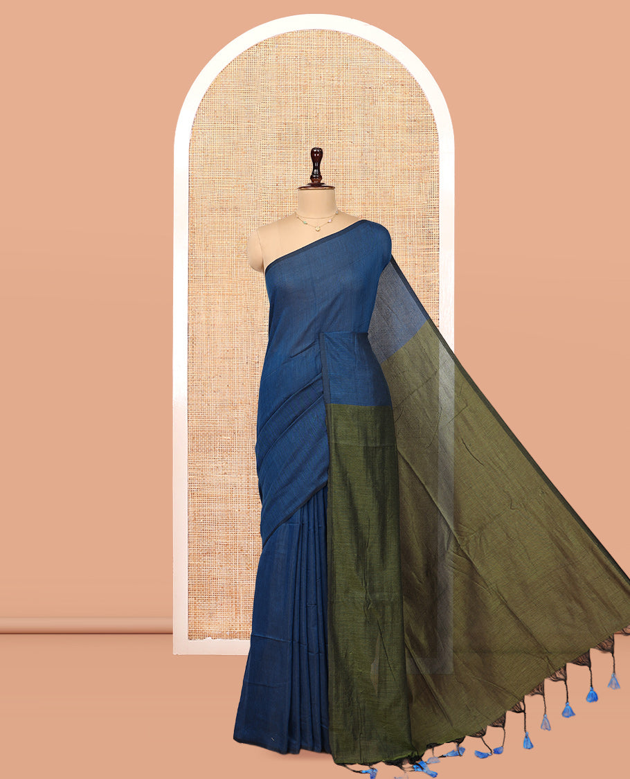 Borderless Blue Plain Design Khadi Cotton Saree