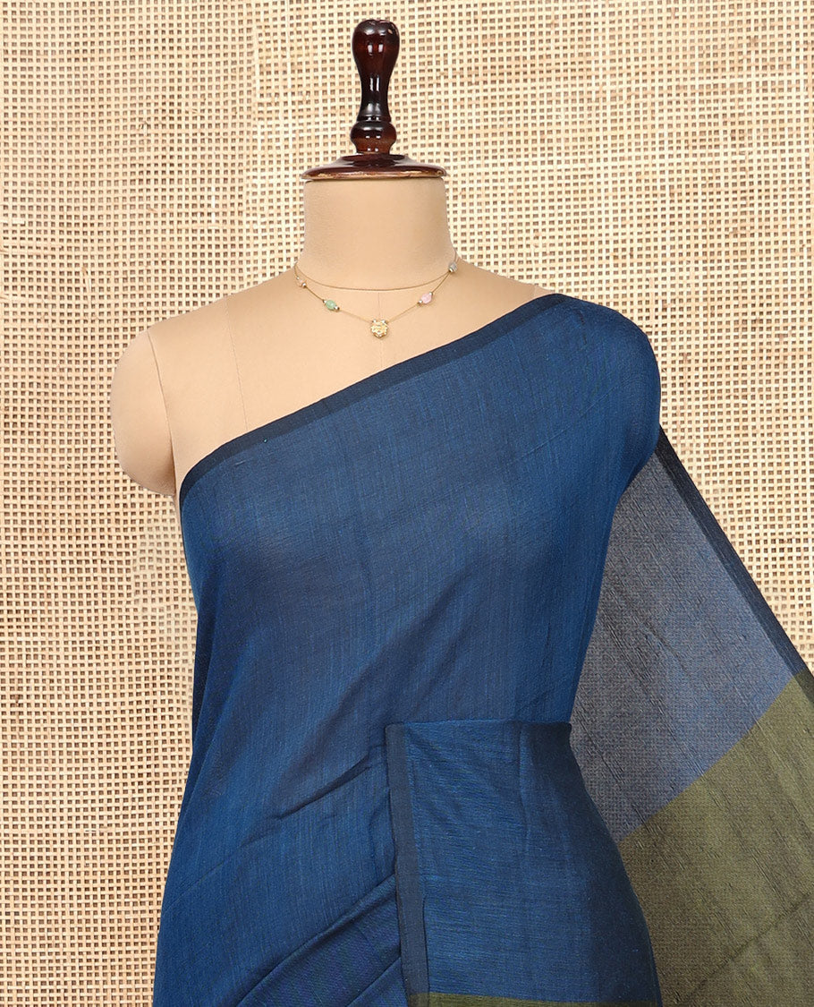 Borderless Blue Plain Design Khadi Cotton Saree