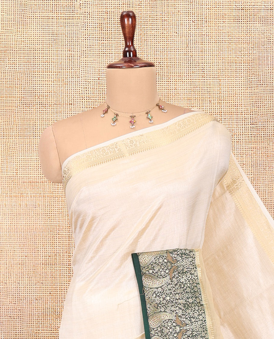 Cream-Green Plain Art Tussar Saree