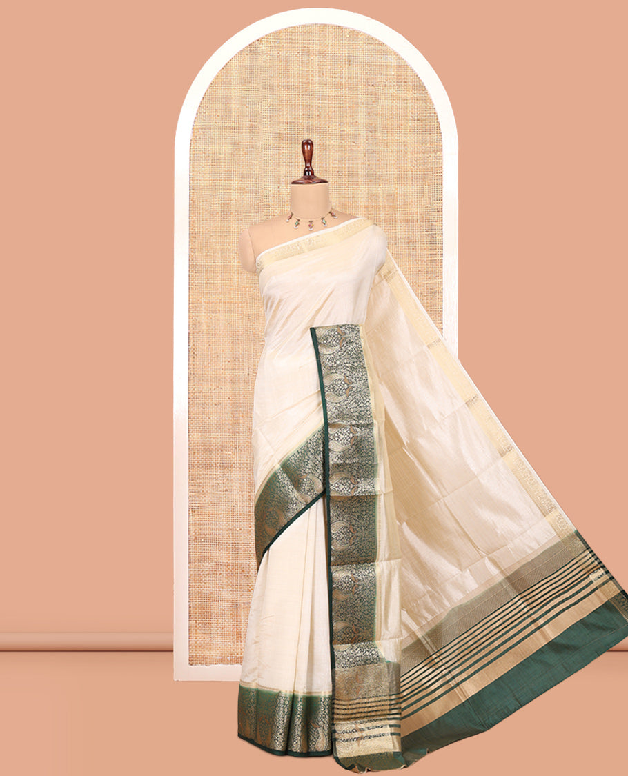 Cream-Green Plain Art Tussar Saree