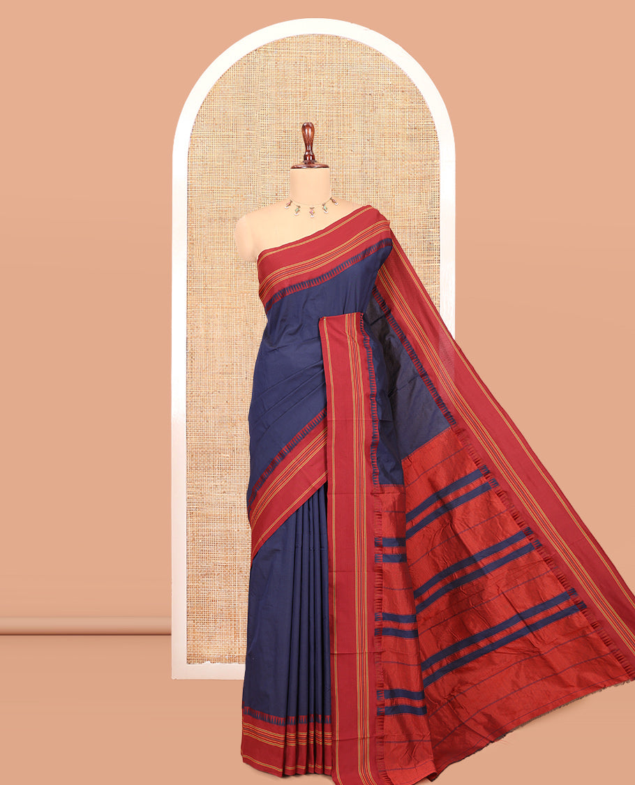 Navy Blue-Maroon Plain Mercerised Cotton Saree