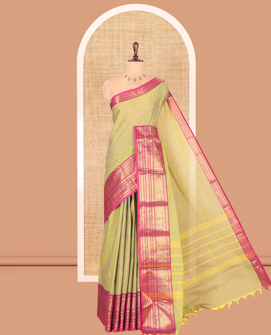 Green-Pink Dual-Tone Plain Chettinad Cotton Saree