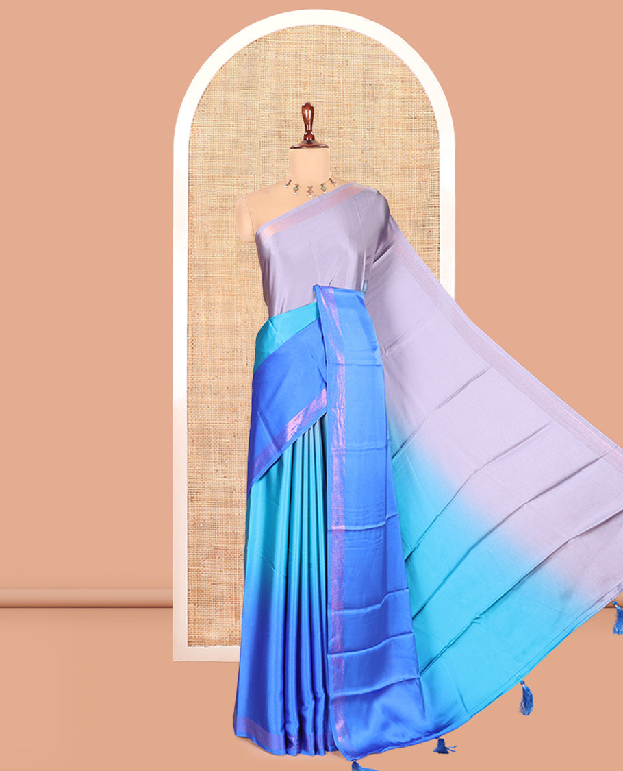Lavender-Blue Plain Ombre-Style Satin Crepe Saree
