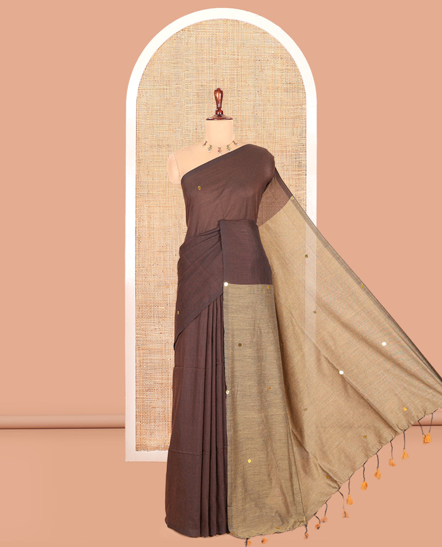 Borderless Brown-Chikku Khadi Cotton Saree