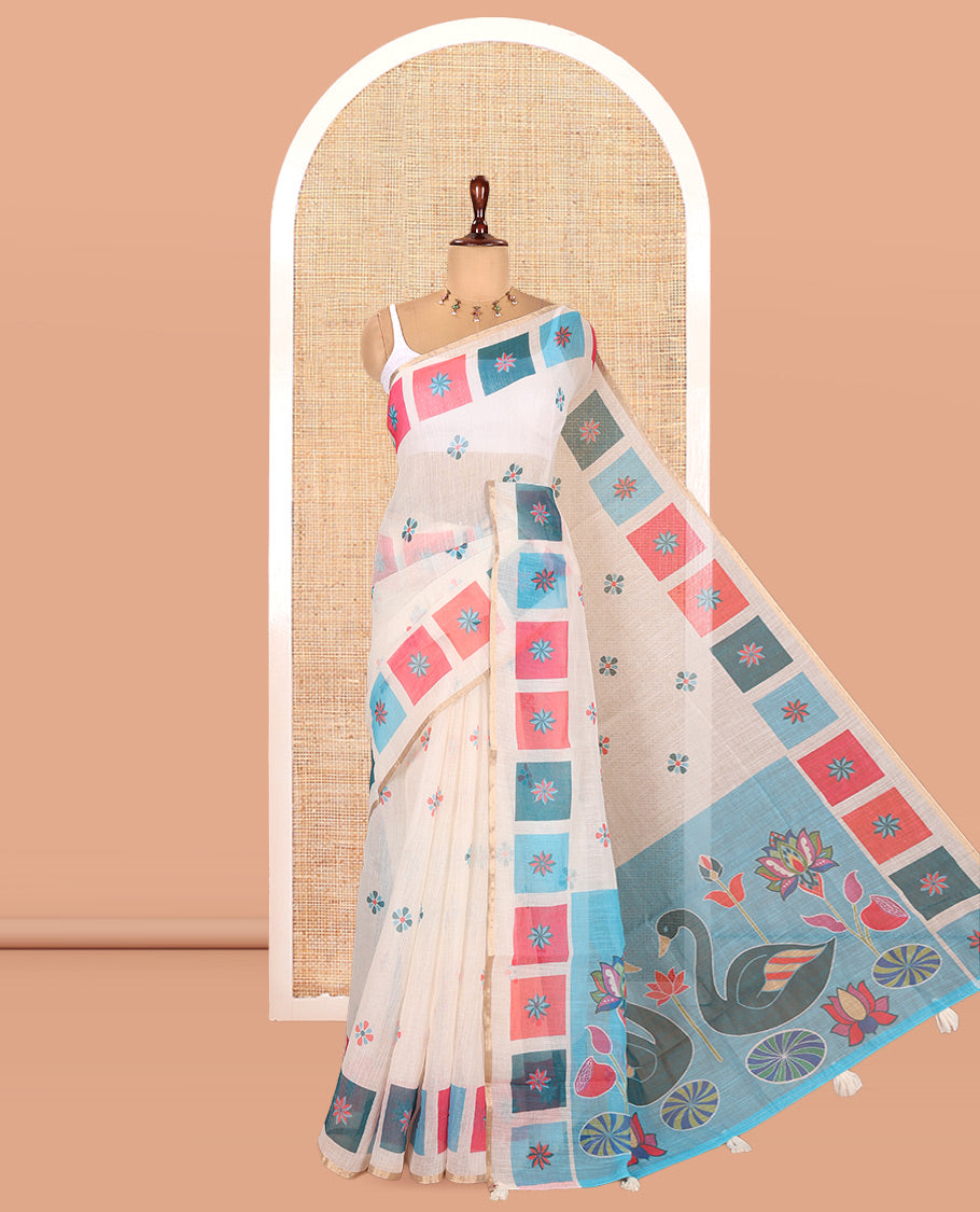 Cream-Blue Linen Cotton Saree