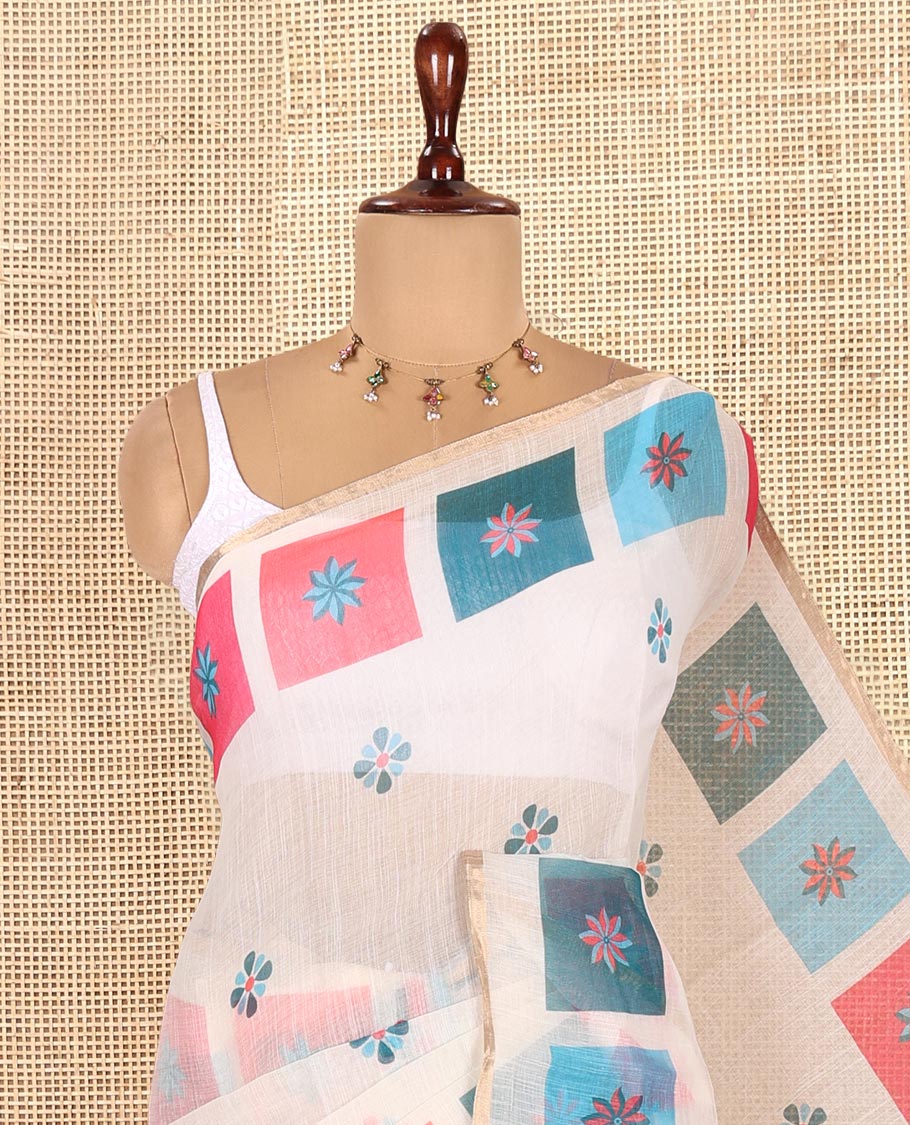 Cream-Blue Linen Cotton Saree
