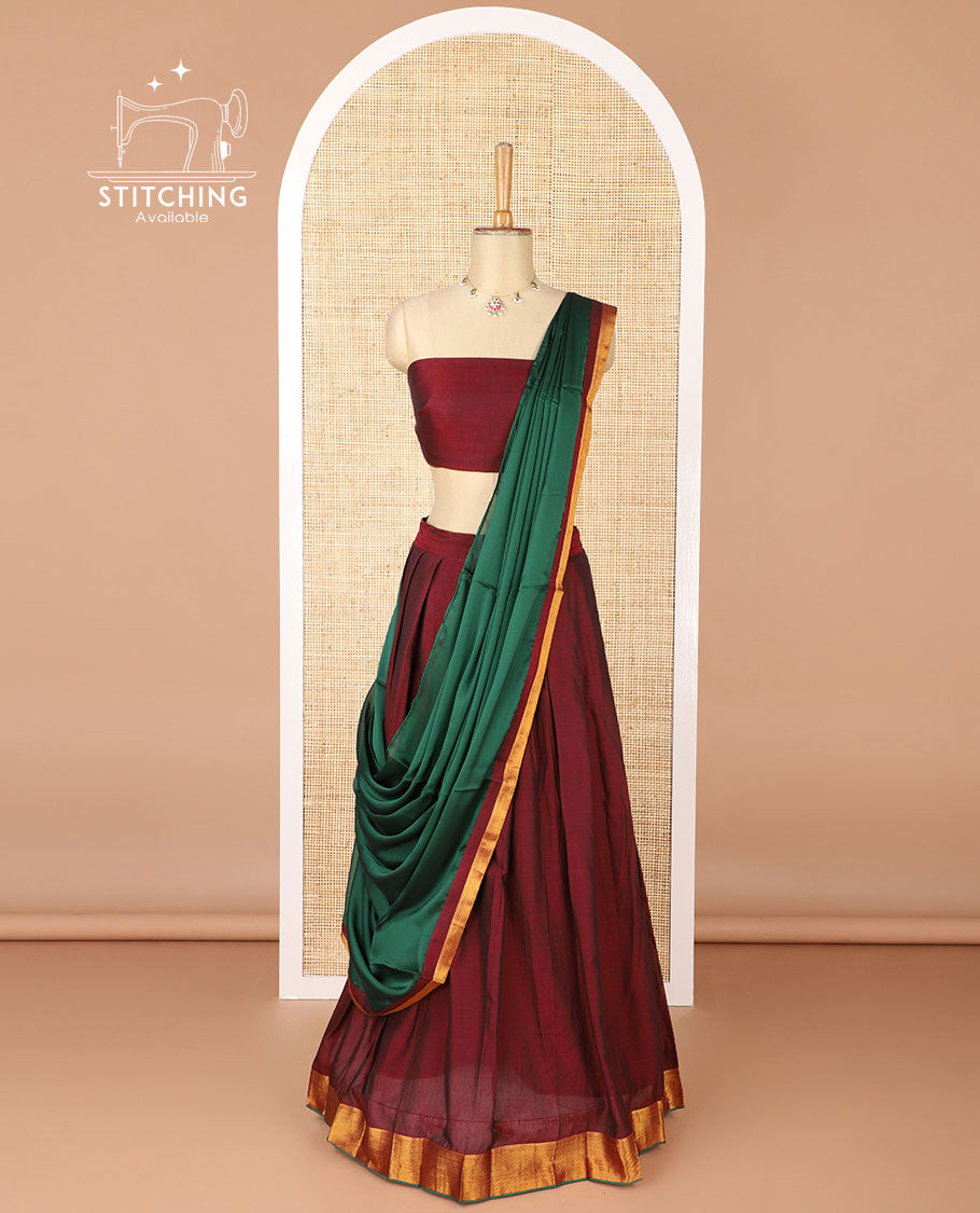 Maroon mercerised cotton daman zari border half saree with cotton blouse & skya georgette one side zari border dhavani